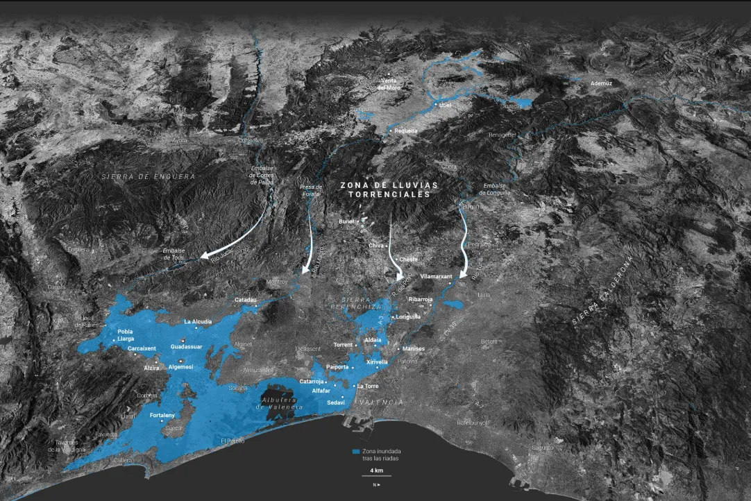Mapa de relieve de la zona de lluvias torrenciales y la superficie inundada por la DANA en Valencia