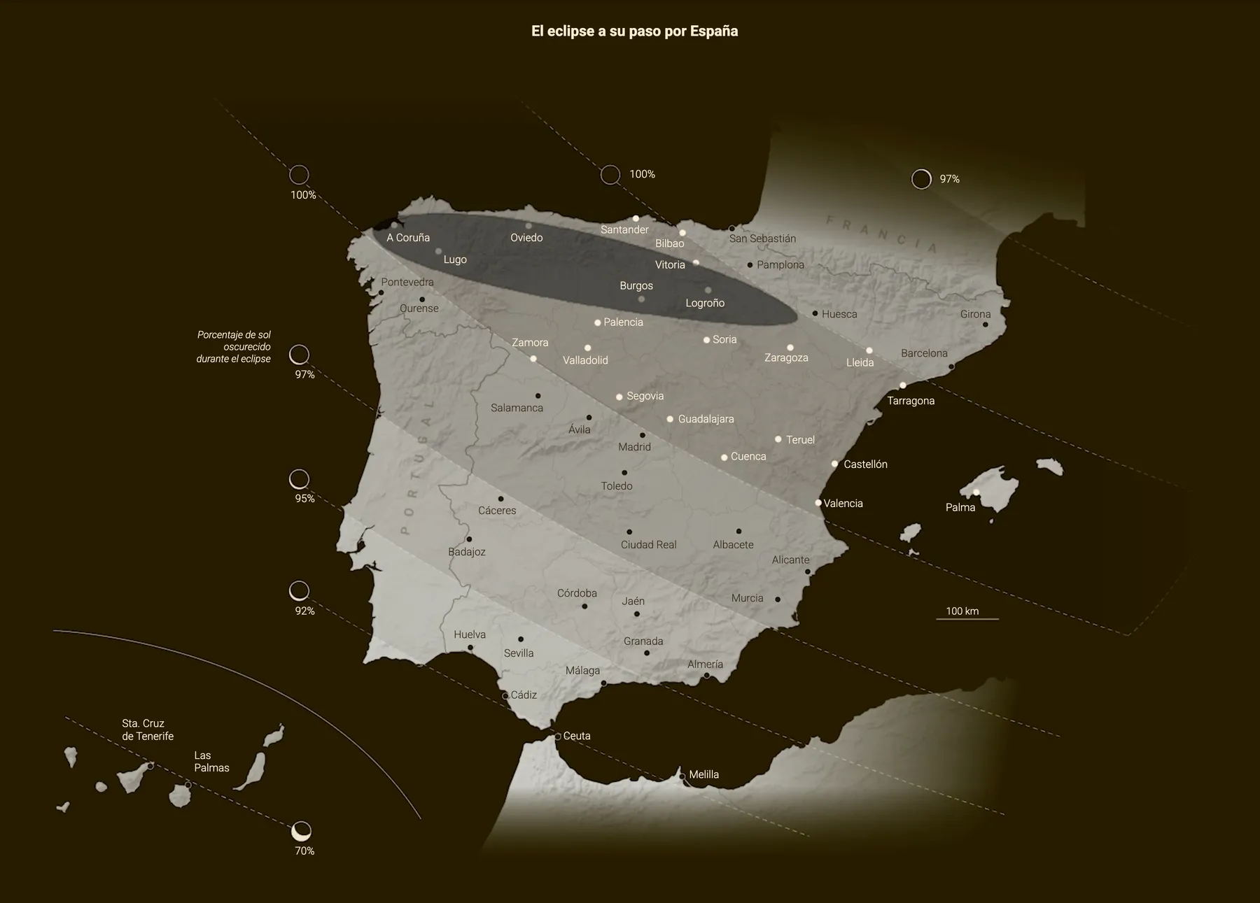 Mapa de España con el porcentaje de sol oscurecido durante el eclipse según la ciudad