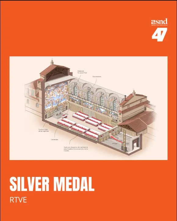 Ilustración en corte de la Capilla Sixtina con la disposición del cónclave, premiada con la Medalla de Plata SND47